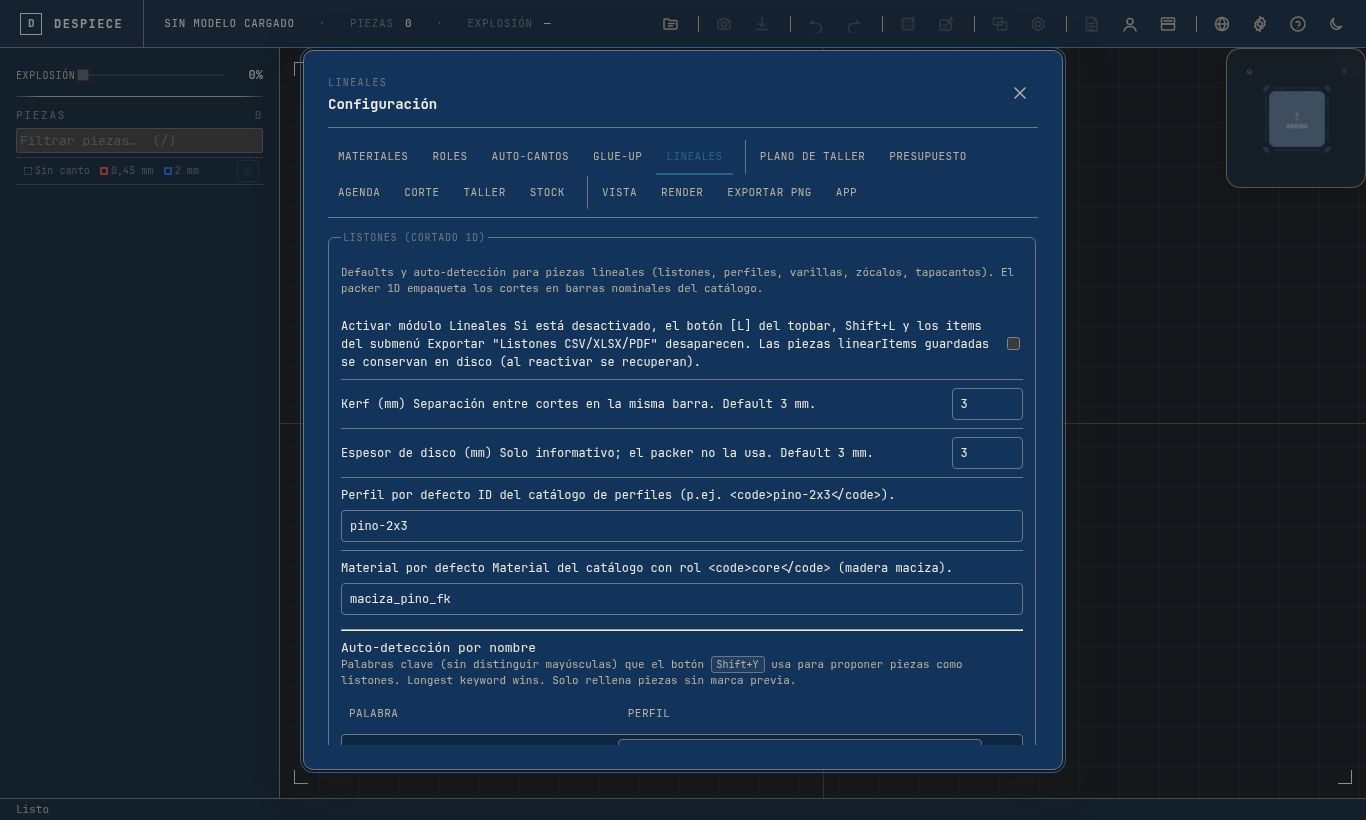 Settings → Lineales con el toggle Activar módulo apagado
