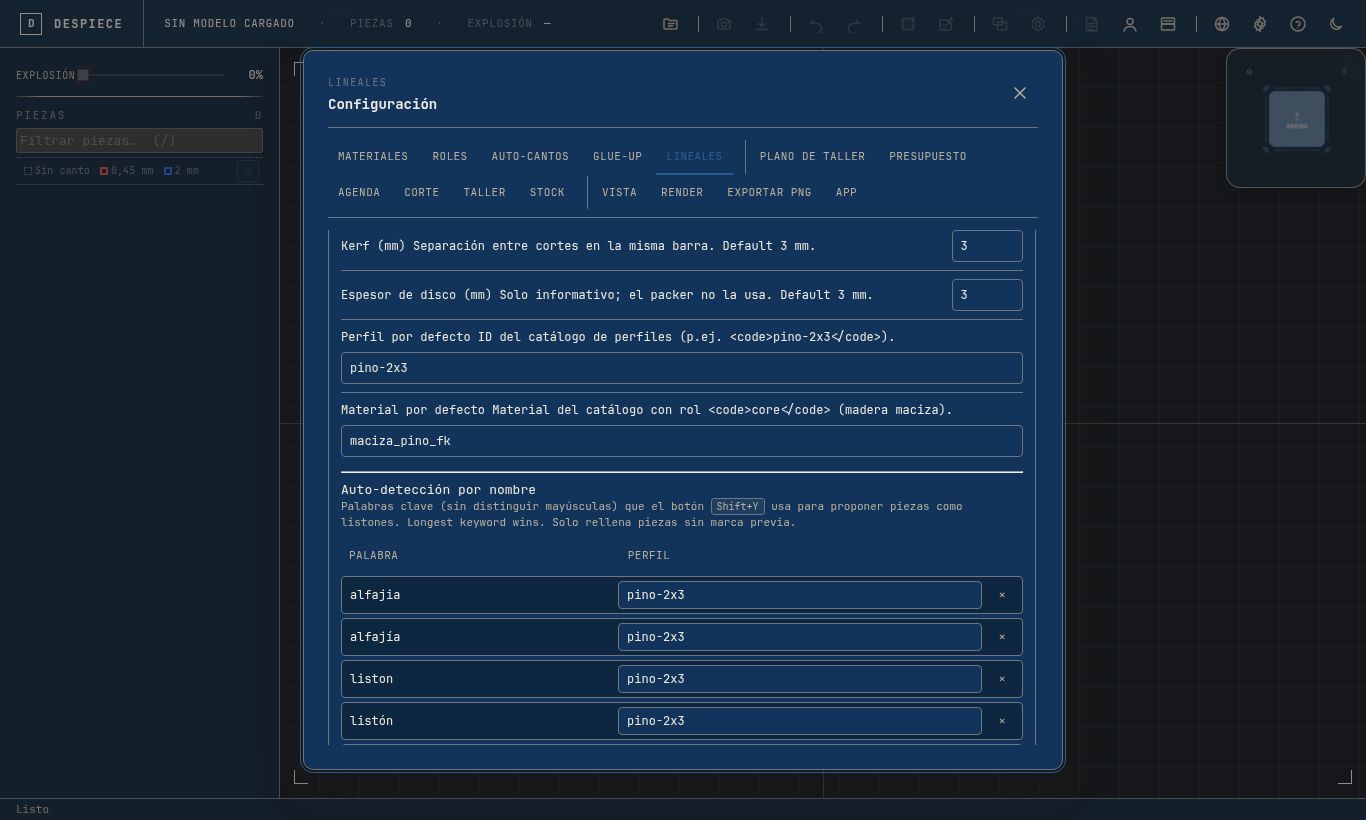 Defaults del taller: kerf, blade, perfil y material por defecto