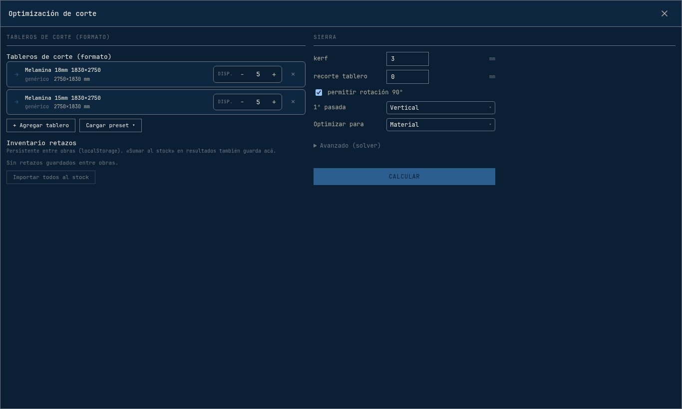 Modo Setup del panel de nesting