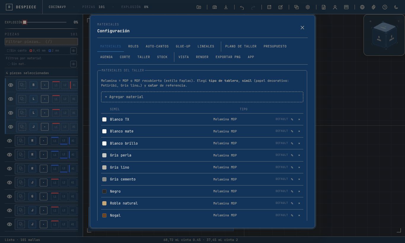 Tab Materiales de Configuración