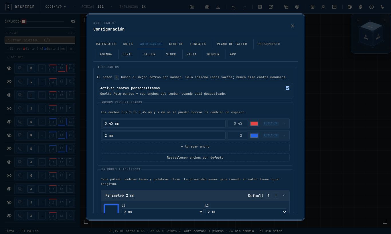 Tabla de auto-cantos en Configuración