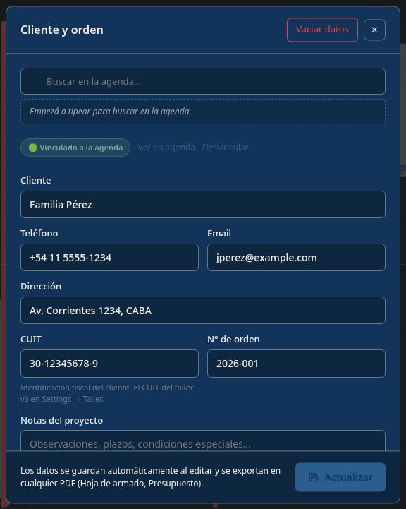 Sheet [C] Cliente y orden con campos vacíos y sección Agenda activa