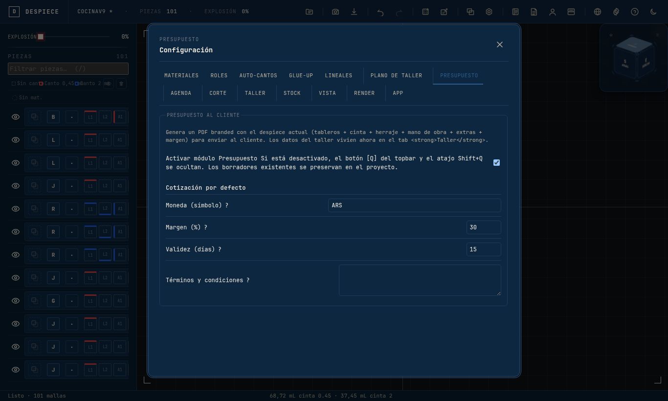 Tab Presupuesto en Configuración