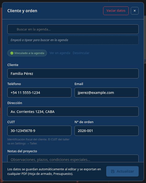 Sheet [C] con el badge Vinculado a la agenda y el botón Actualizar
