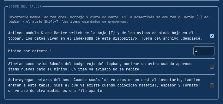 Configuración → Stock